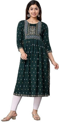 Devika Women Printed A-line Kurta(Green)