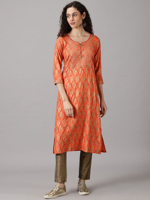 ANOUK Women Printed Straight Kurta(Orange)