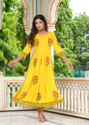 INDI INSIDE Women Block Print A-line Kurta(Yellow)