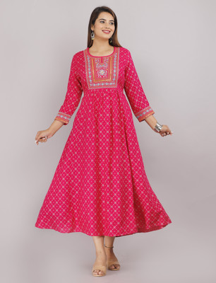 NANAK FEB Women Embroidered Anarkali Kurta(Pink)