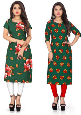 tanvi creation Women Floral Print Straight Kurta(Green)