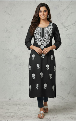 THECHIKANKARI Women Embroidered, Chikan Embroidery Straight Kurta(Red)