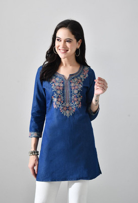 PR Clothing Women Embroidered Tunic Kurta(Dark Blue)