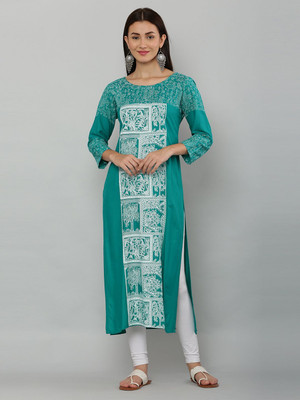 EZIS FASHION Women Block Print Straight Kurta(Green)