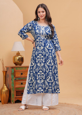 NAHIKO Women Printed Straight Kurta(Blue)