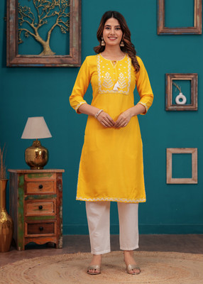 Mayura Women Solid A-line Kurta(Yellow)