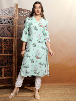 Vishudh Women Printed Straight Kurta(Green)