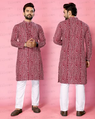 Slice Of Fashion Men Bandhani, Printed Straight Kurta(Maroon)