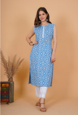 DEVDHAM Women Printed Straight Kurta(Light Blue)