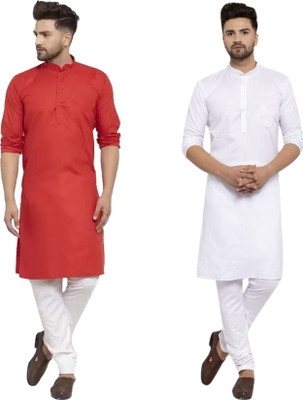 ANIRAV Men Solid Straight Kurta(White, Red)