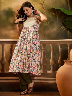 Youthnic Women Printed A-line Kurta(Beige)