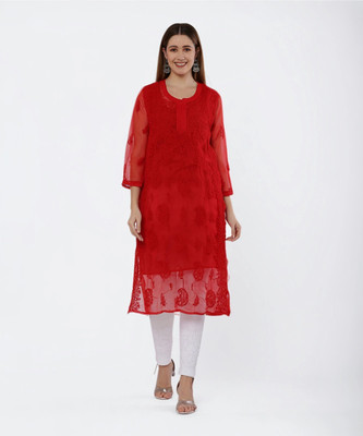 FAWOMENT Women Chikan Embroidery Straight Kurta(Red)