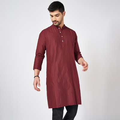 Indus Route by Pantaloons Men Striped Ethnic Dress Kurta(Red)