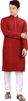 ZEDIN Men Embroidered Straight Kurta(Maroon)