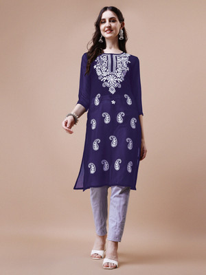 Youthnic Women Embroidered Straight Kurta(Dark Blue)