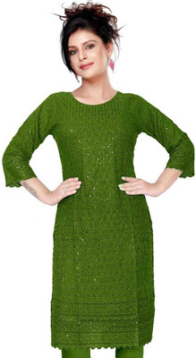 NMS Women Embellished Straight Kurta(Green)