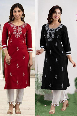 vikshi Women Embroidered Straight Kurta(Multicolor)