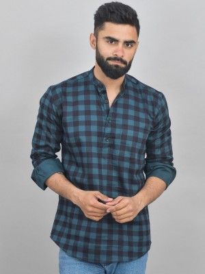 QuaClo Men Checkered Straight Kurta(Light Blue, Dark Blue)