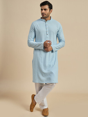 ANOUK Men Geometric Print Straight Kurta(Blue)