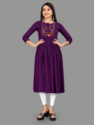 LOZZBY Women Embroidered Flared Kurta(Purple)