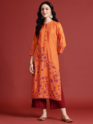 ANOUK Women Printed Straight Kurta(Orange)