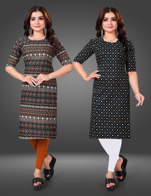 MOBHISA Women Printed Straight Kurta(Black)