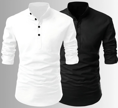 Fashion Marts Men Solid Straight Kurta(White, Black)