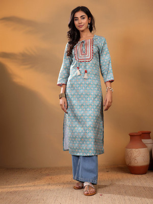 Varanga Women Printed Straight Kurta(Blue)