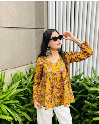 Lovely Prints Women Floral Print Flared Kurta(Yellow)
