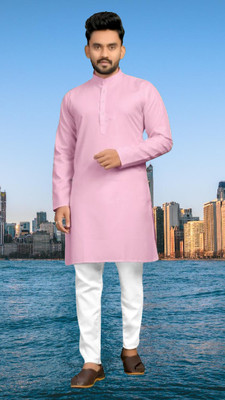 Mamta Biswas Men Solid Straight Kurta(Pink)