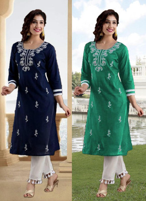 vikshi Women Chikan Embroidery Straight Kurta(Multicolor)