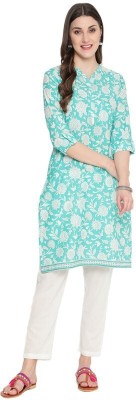 ALEXNCLEO Women Floral Print Straight Kurta(Light Blue)