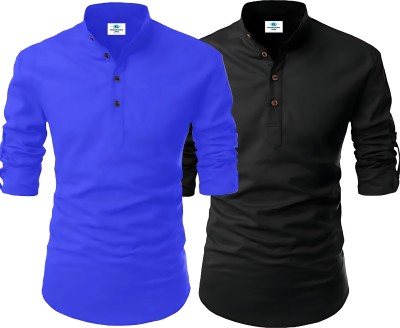 Fashion Marts Men Solid, Self Design Straight Kurta(Dark Blue, Black)