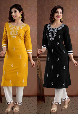 vikshi Women Chikan Embroidery Straight Kurta(Multicolor)