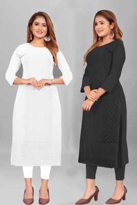 KAYRAAH Women Chikan Embroidery Straight Kurta(Black, White)