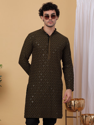 ANOUK Men Embroidered Straight Kurta(Green)