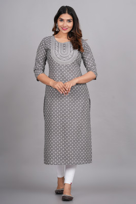 METAFAB Women Printed Straight Kurta(Grey)