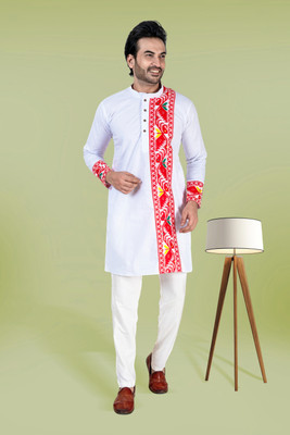 RIKTA Men Self Design Straight Kurta(White, Red)