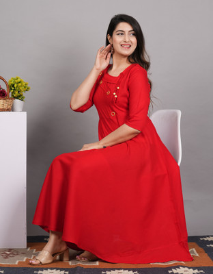 Puebell Women Solid Flared Kurta(Red)