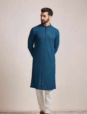 trueoath Men Chikan Embroidery Straight Kurta(Dark Blue)