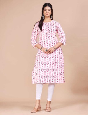 DS Creations Women Printed Straight Kurta(White, Pink)