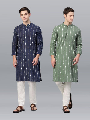 TIGERSNAKE Men Embellished Straight Kurta(Dark Blue, Green)
