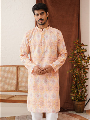 Jompers Men Self Design Straight Kurta(Orange)