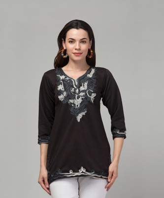 STYLE PREZONE Women Embroidered Straight Kurta(Black)