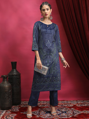 Vishudh Women Printed Straight Kurta(Blue)