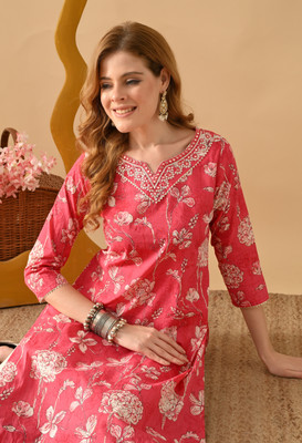 PHYSIL Women Embroidered, Printed Straight Kurta(Pink)