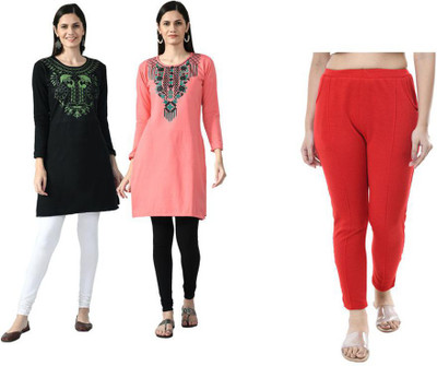 IndiWeaves Women Printed Straight Kurta(Black, Pink, Green)