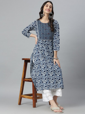 ASTIBEE Women Floral Print Flared Kurta(Blue)