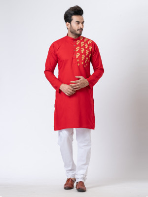 Rainbow Cloths Men Embroidered Straight Kurta(Red)
