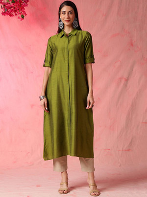 ANOUK Women Solid A-line Kurta(Green)